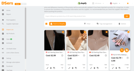 DSers import products to Shopify page