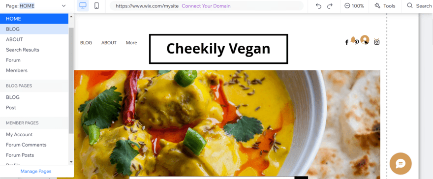 Editing within the Wix editor a vegan website