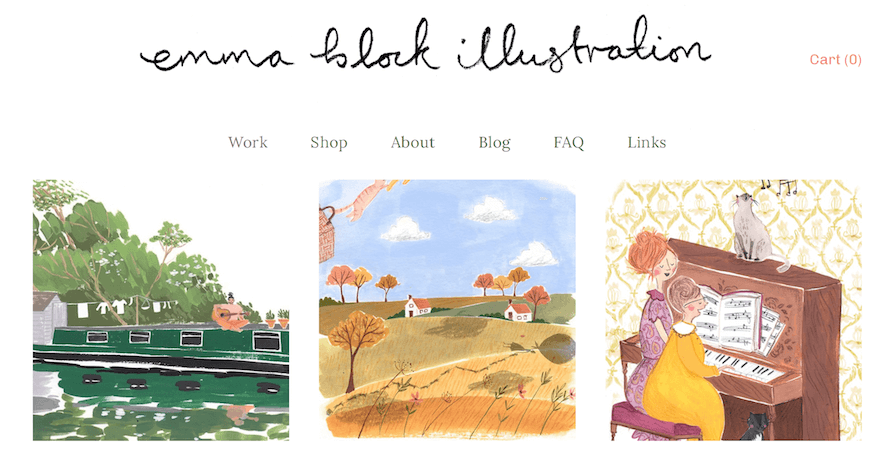Emma Block homepage showing three illustrations