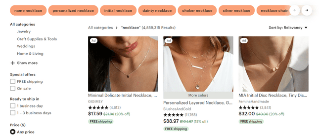 etsy necklace search results