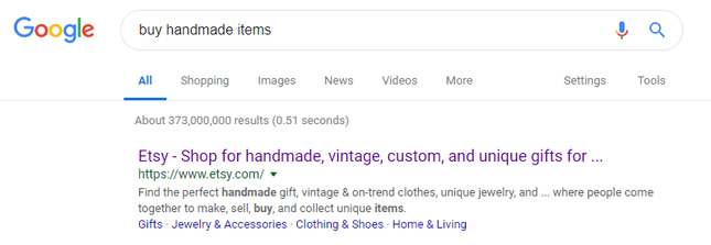 google SERP of "buy handmade items" with etsy appearing top