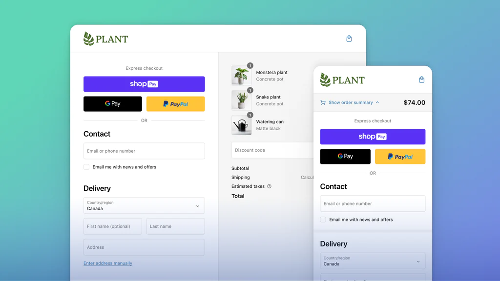 a checkout page in both desktop and mobile layout on a green/blue gradient background