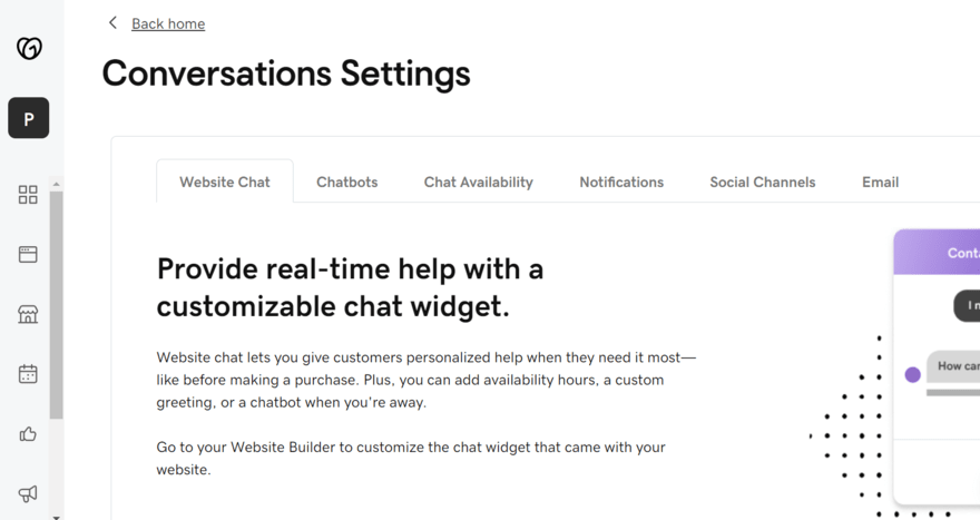GoDaddy Conversations dashboard featuring settings