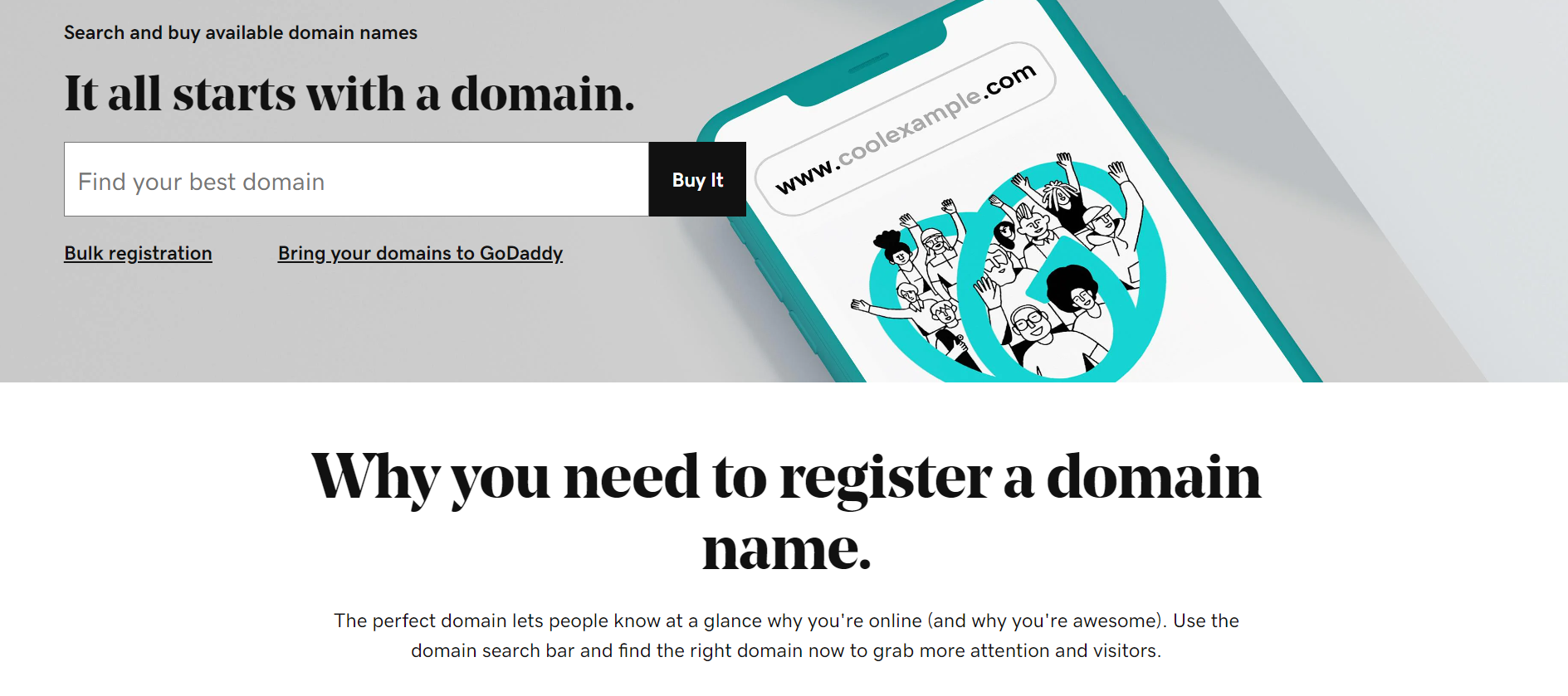 GoDaddy domain registration with domain search bar