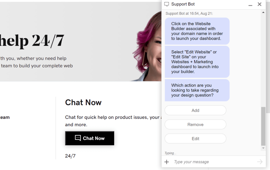 GoDaddy's live chat pop up box