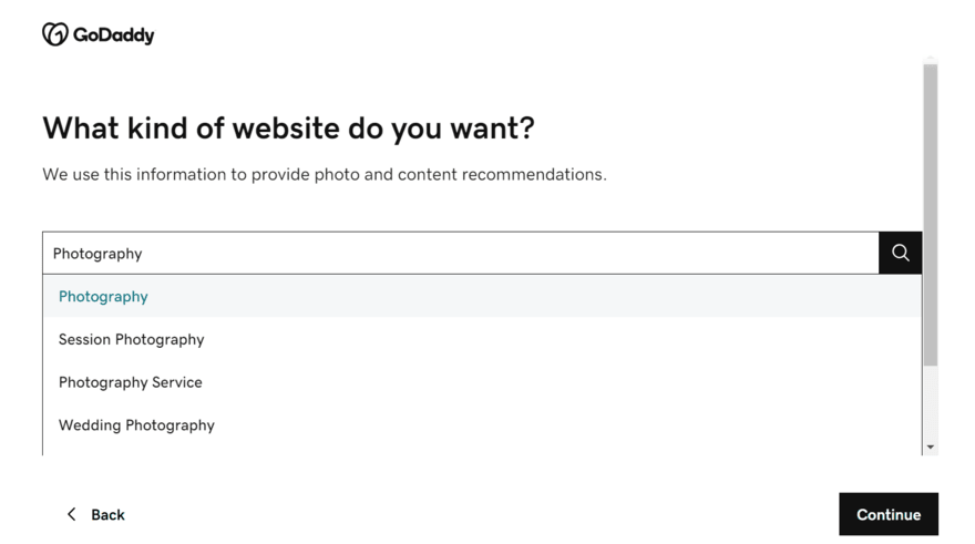 GoDaddy onboarding question asking users what kind of website do you want