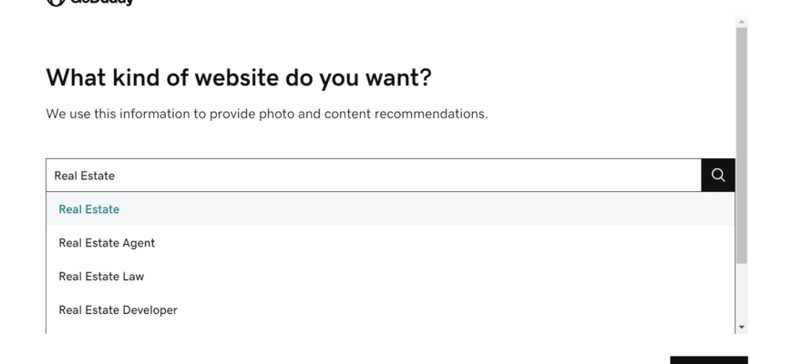 Onboarding question on GoDaddy about what kind of website you want to create