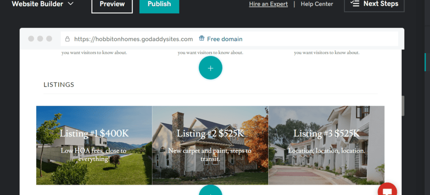 Real estate template in GoDaddy's editor