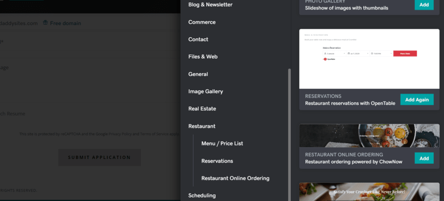 Library of restaurant-specific elements built by GoDaddy