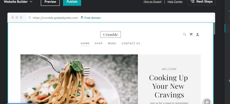 Editing a restaurant template in GoDaddy's website editor