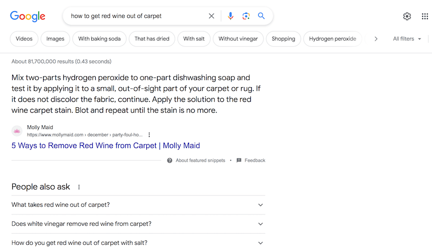 Google SERP get red wine out of carpet screenshot
