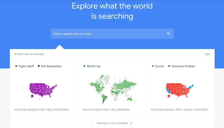 Google Trends searchbar and example results