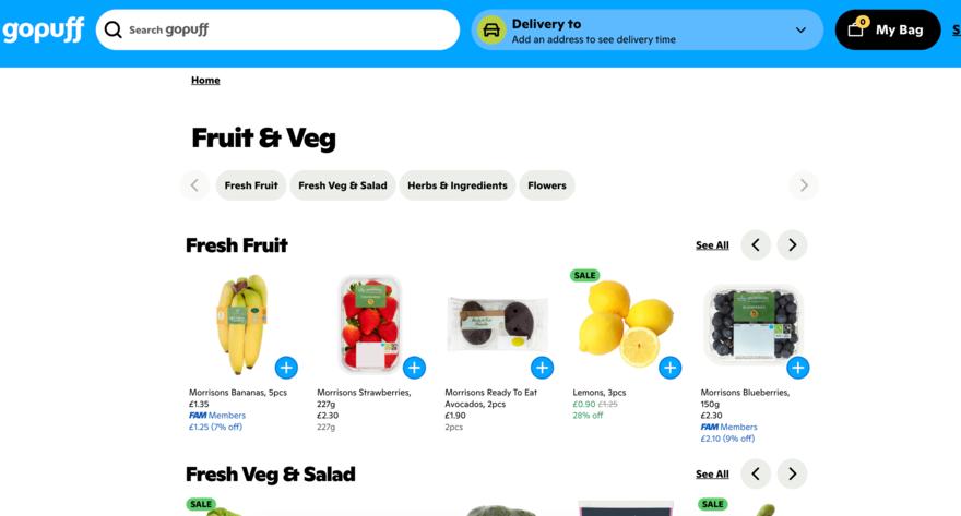 Fruit & veg section of Gopuff's website.