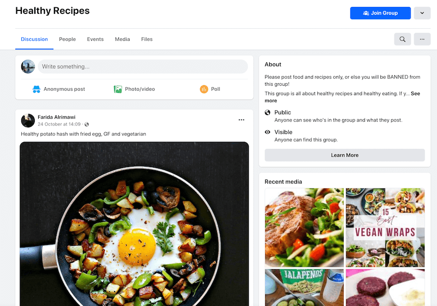 Healthy Recipes Facebook group screenshot