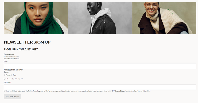 H&M Sign Up Page