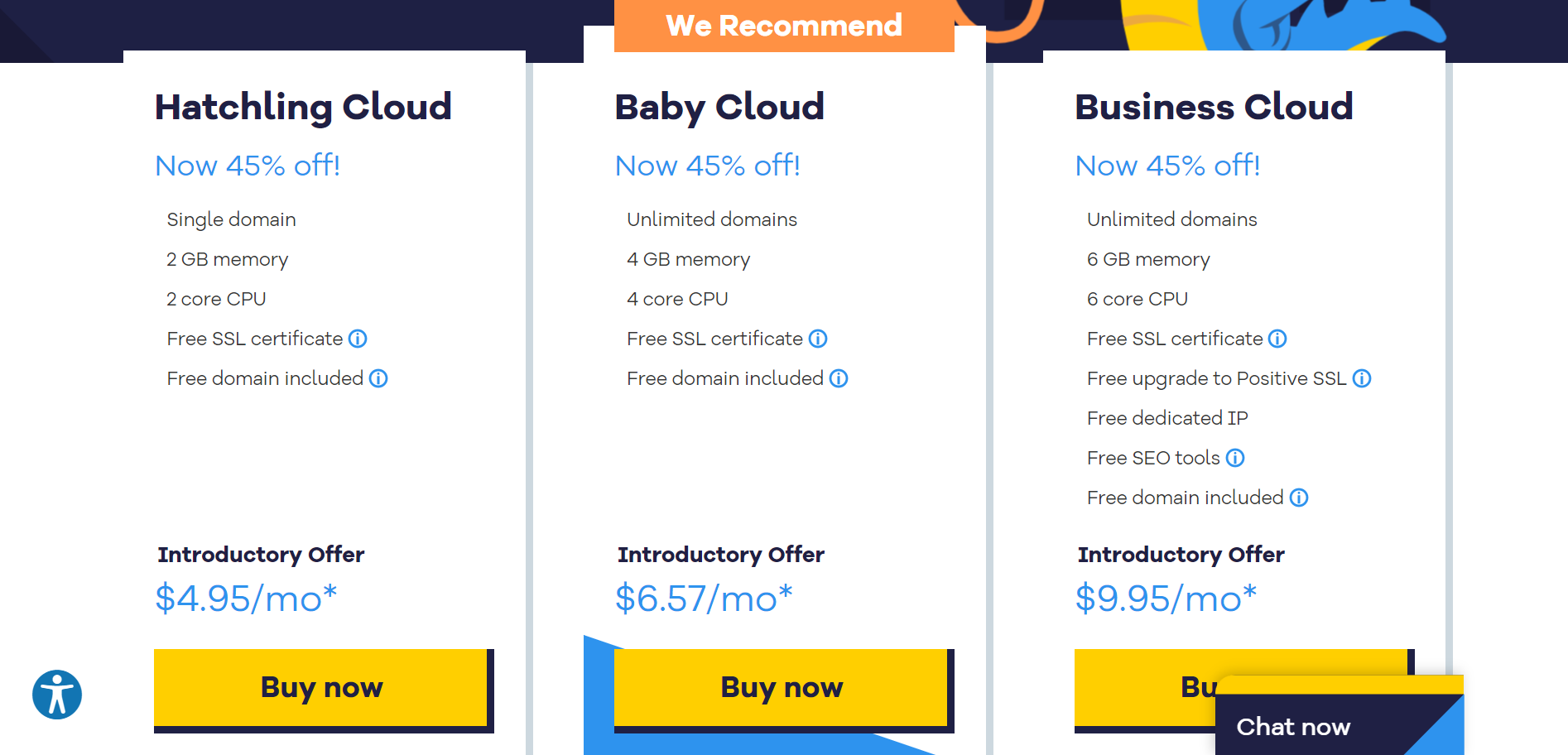 HostGator three cloud hosting plans showing prices and features