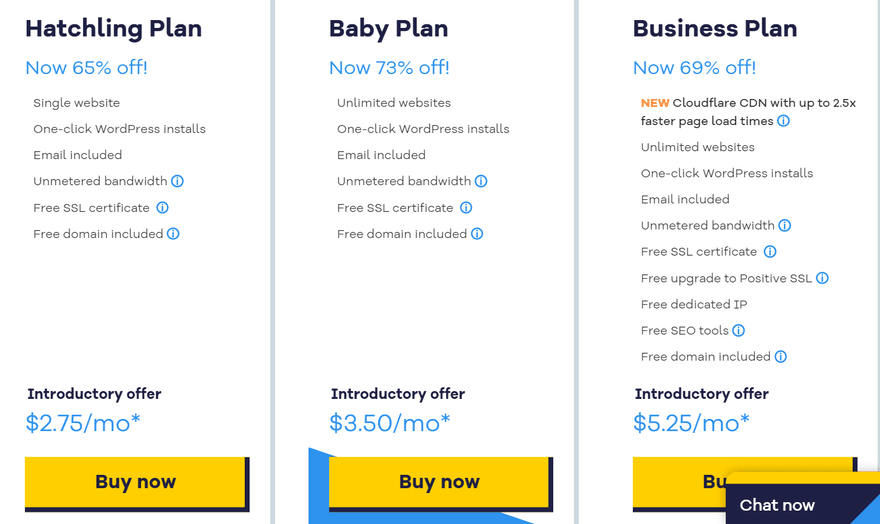 Three HostGator plans showing prices and features