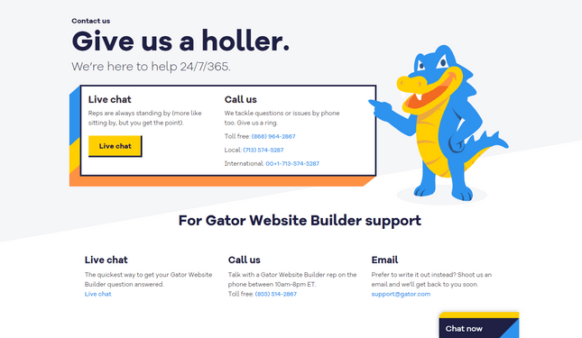 HostGator's help and support homepage featuring information on how to contact its support team