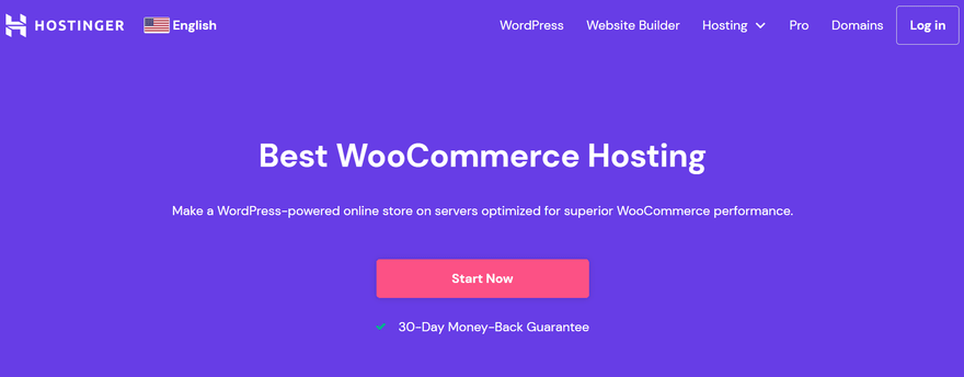 Purple web page with a pink button for WooCommerce Hosting
