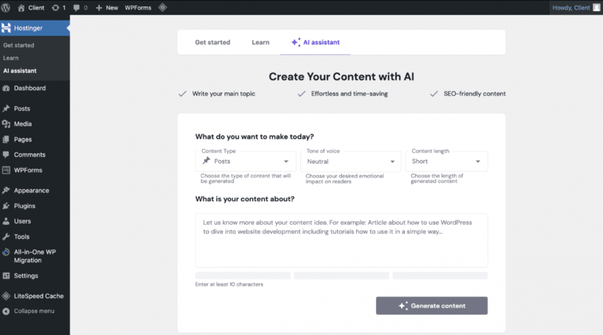 Content creation form for Hostinger's WordPress AI Assistant