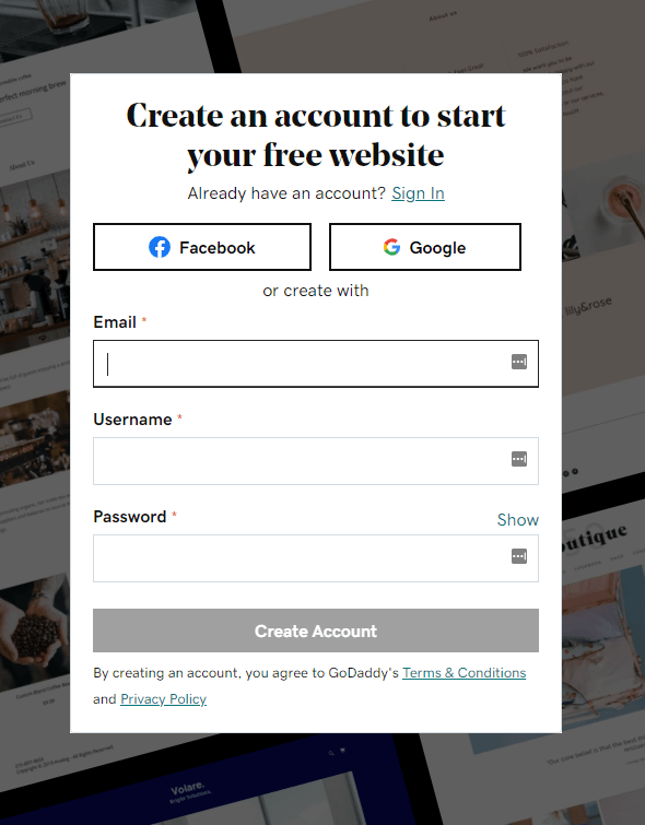 A pop-up menu for signing up to GoDaddy