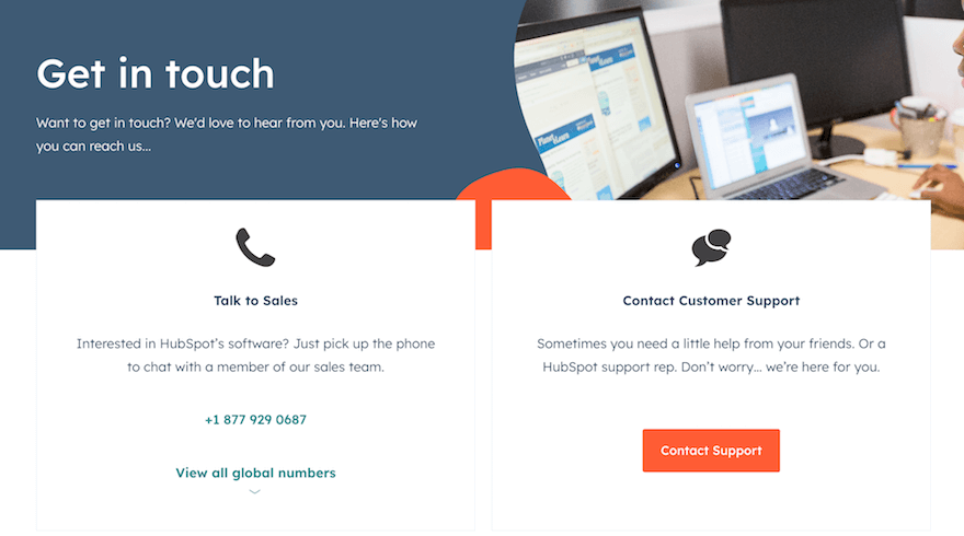 HubSpot contact us page phone and chat options