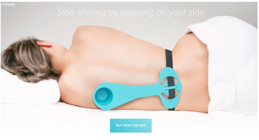 Hypnax homepage showing a woman sleeping on her side with the Hypnax device.
