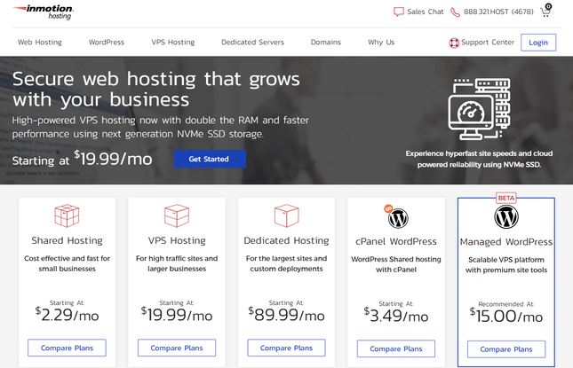 InMotion showcasing their five categories of hosting on offer with their respective starting prices