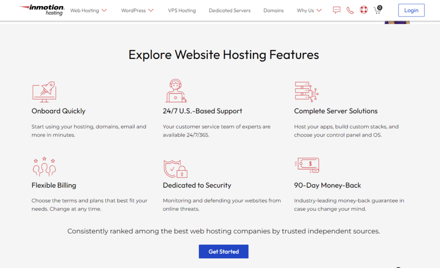 Selection of InMotion hosting features with a small icon related to the feature