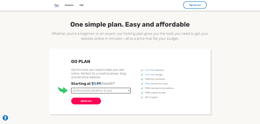 iPage hosting plan homepage, featuring price and core features of its one plan