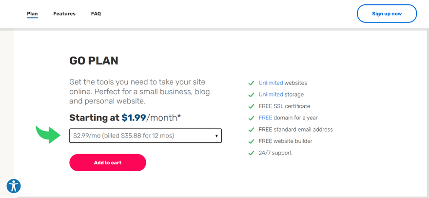 iPage's sign up page for its $1.99 Go Plan with a pink signup button