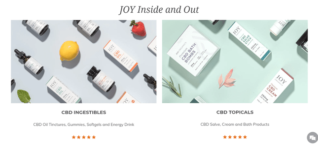 Joy Organics homepage featuring its products