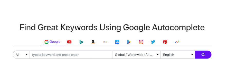 Keyword Tool with searchbar for keywords, location, and language