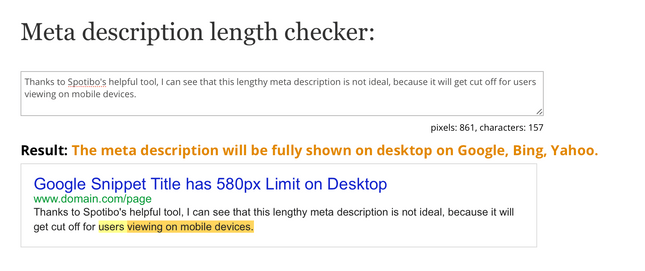 meta description length warning tool