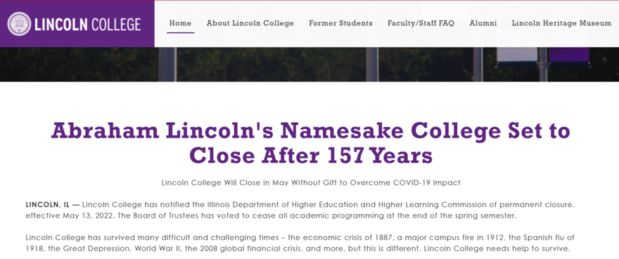 Lincoln College website showing announcement of closure