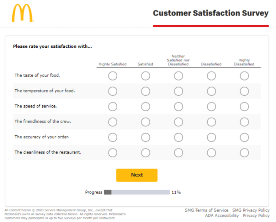 Customer service survey for McDonald's