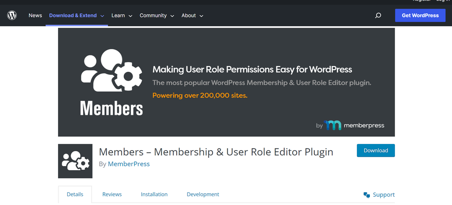 screenshot of memberpress on the WordPress plugin page, featuring logo, title and reviews