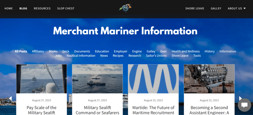 Blog page for Merchant Mariner Guide showing blog categories and recent posts