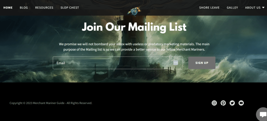 Mailing list sign-up box on Merchant Mariner Guide's website