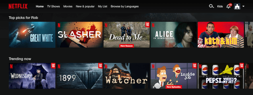 Netflix content "Top picks for Rob" section