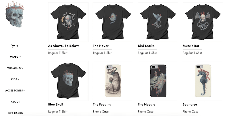 Nick Sheehy merchandise page product gallery of t-shirts and phone cases