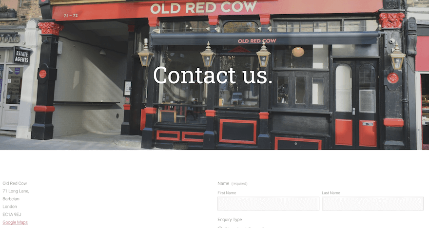 Old Red Cow Contact Us Page screenshot