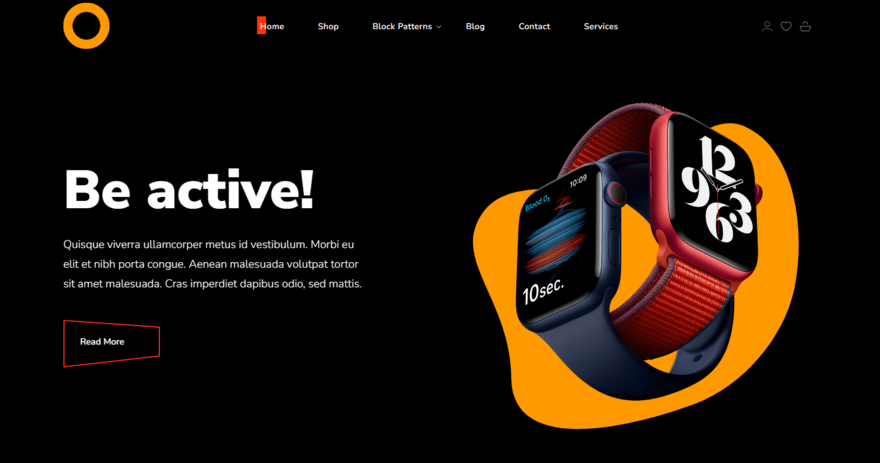 A new, paid WordPress.com theme with a black background, white text, and bright, bold, orange imagery.