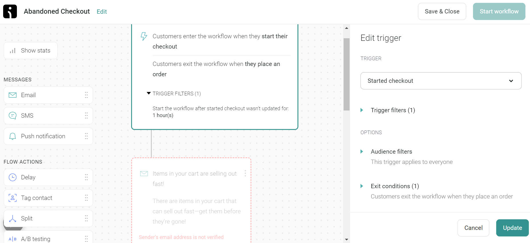 An email workflow editor page.