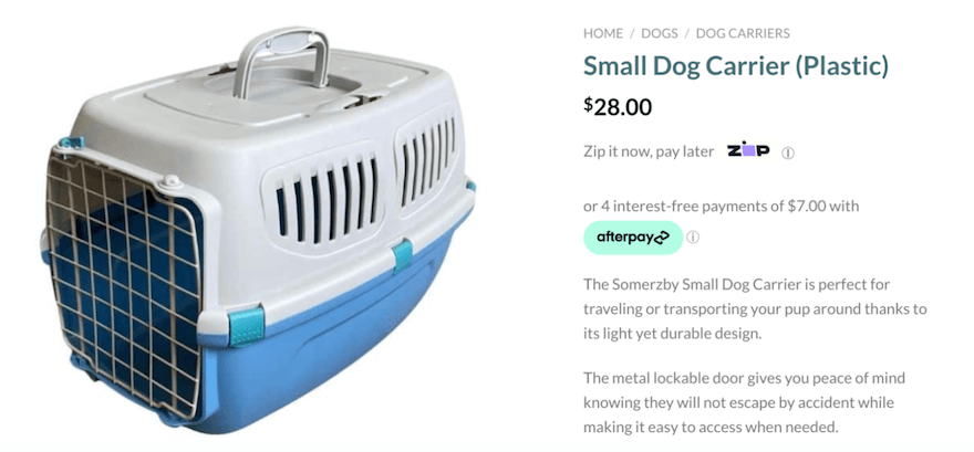 Small dog carrier product page with pricing and product description
