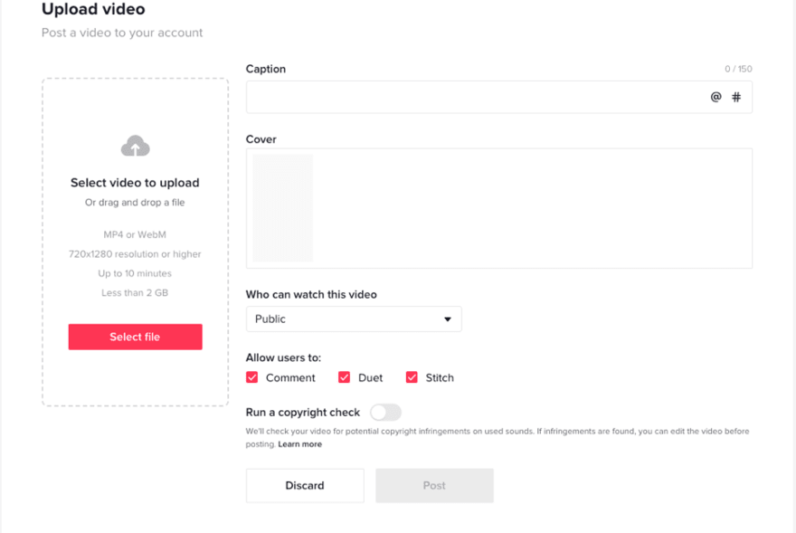 Upload video form on TikTok's desktop view