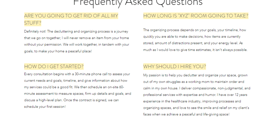 FAQ section on Revelation Organizing contact page showing 4 questions and answers about the business