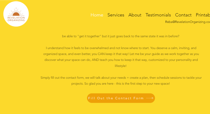 Yellow background with an orange CTA inviting readers to fill out the contact form