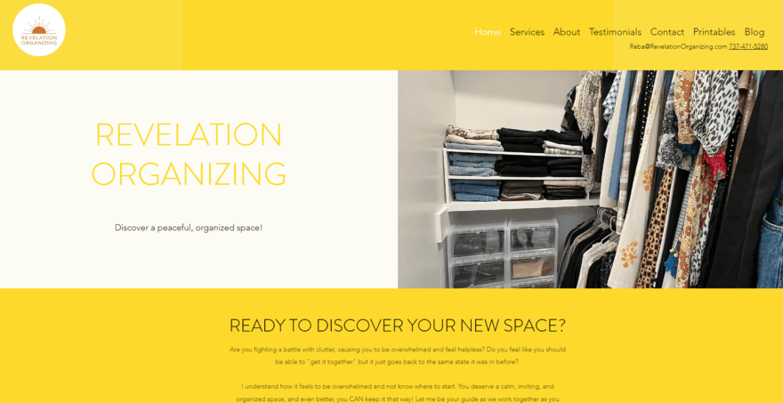 Homepage for Revelation Organizing's website sharing the business services