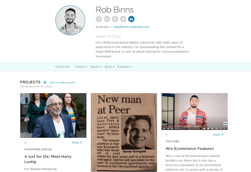 Rob Binns Contently profile portfolio website type example